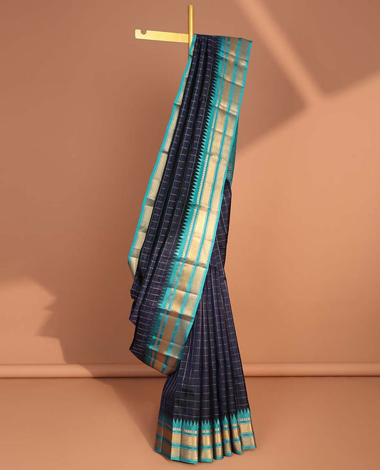 Blue striped vasundhara elite silk saree with contrast striped, temple border & striped pallu