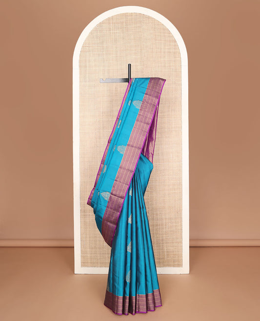 Blue zari buttas vasundhara elite silk saree, contrast striped border & pallu of jaal design