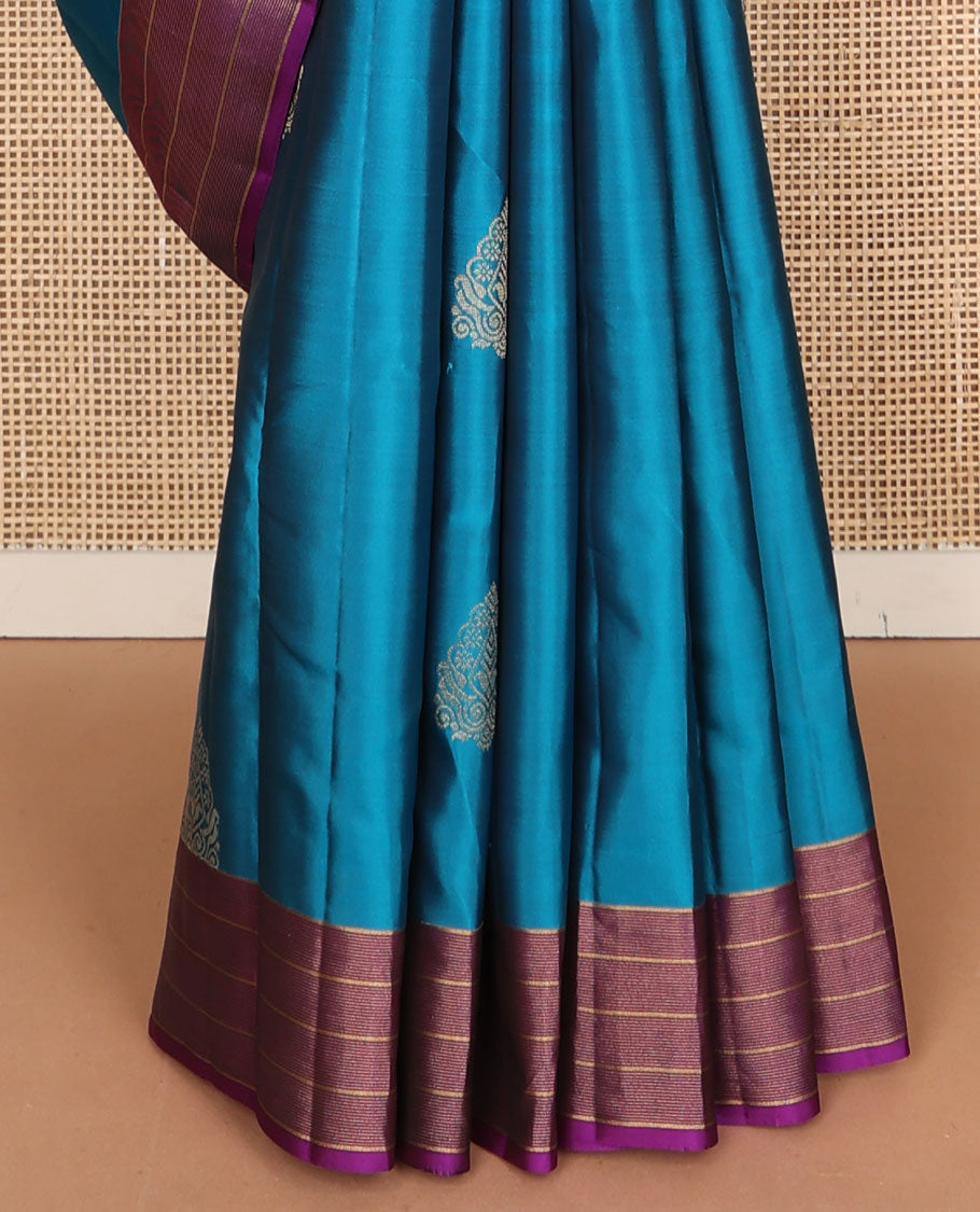 Blue zari buttas vasundhara elite silk saree, contrast striped border & pallu of jaal design