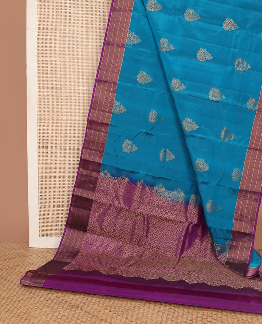 Blue zari buttas vasundhara elite silk saree, contrast striped border & pallu of jaal design