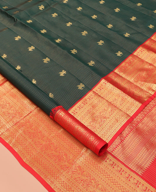Green Kuthirai Buttas-Striped Vasundhara Lite Silk Mix Saree, a Contrast Mayil Border, Intricate Pallu, a Contrast Blouse