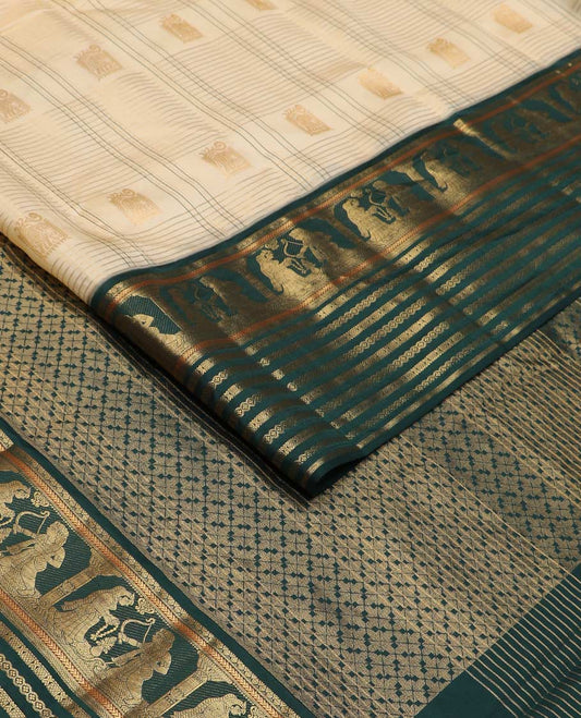 Cream buttas and checked Vasundhara silk mix saree, contrast border of thilakam, kathir, lavangam, kuyil kann, and Ram Sita kalyana designs, and jaal pallu