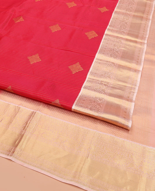 Red Vasundhara Lite Silk Mix Saree, Gleamed Up with Zari Designs All Over Its Body, Complemented by a Contrast Border of Salngai, Muthu, Diamond, Rudraksham, and Kodi Visiry Designs, Grand Woven Pallu of Jaal Designs, and Paired with a Contrast Blouse