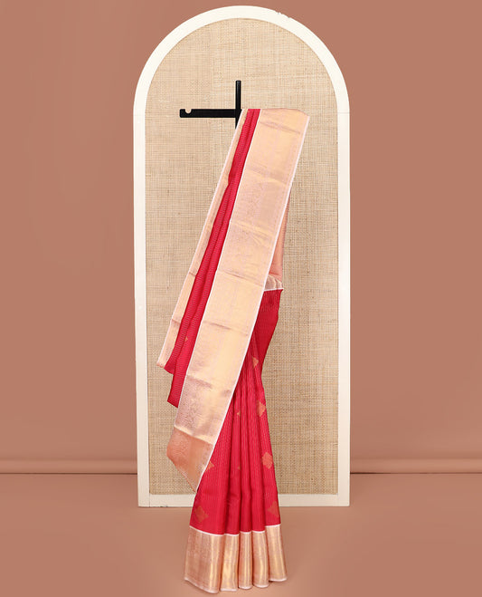 Red Vasundhara Lite Silk Mix Saree, Gleamed Up with Zari Designs All Over Its Body, Complemented by a Contrast Border of Salngai, Muthu, Diamond, Rudraksham, and Kodi Visiry Designs, Grand Woven Pallu of Jaal Designs, and Paired with a Contrast Blouse