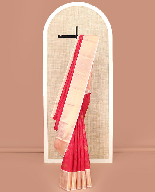 Red Vasundhara Lite Silk Mix Saree, Gleamed Up with Zari Designs All Over Its Body, Complemented by a Contrast Border of Salngai, Muthu, Diamond, Rudraksham, and Kodi Visiry Designs, Grand Woven Pallu of Jaal Designs, and Paired with a Contrast Blouse