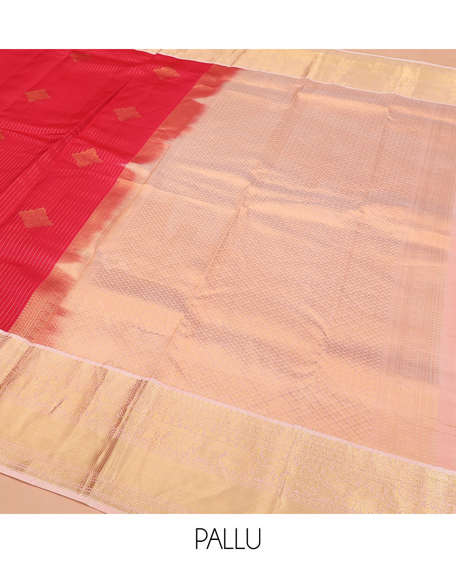 Red Vasundhara Lite Silk Mix Saree, Gleamed Up with Zari Designs All Over Its Body, Complemented by a Contrast Border of Salngai, Muthu, Diamond, Rudraksham, and Kodi Visiry Designs, Grand Woven Pallu of Jaal Designs, and Paired with a Contrast Blouse