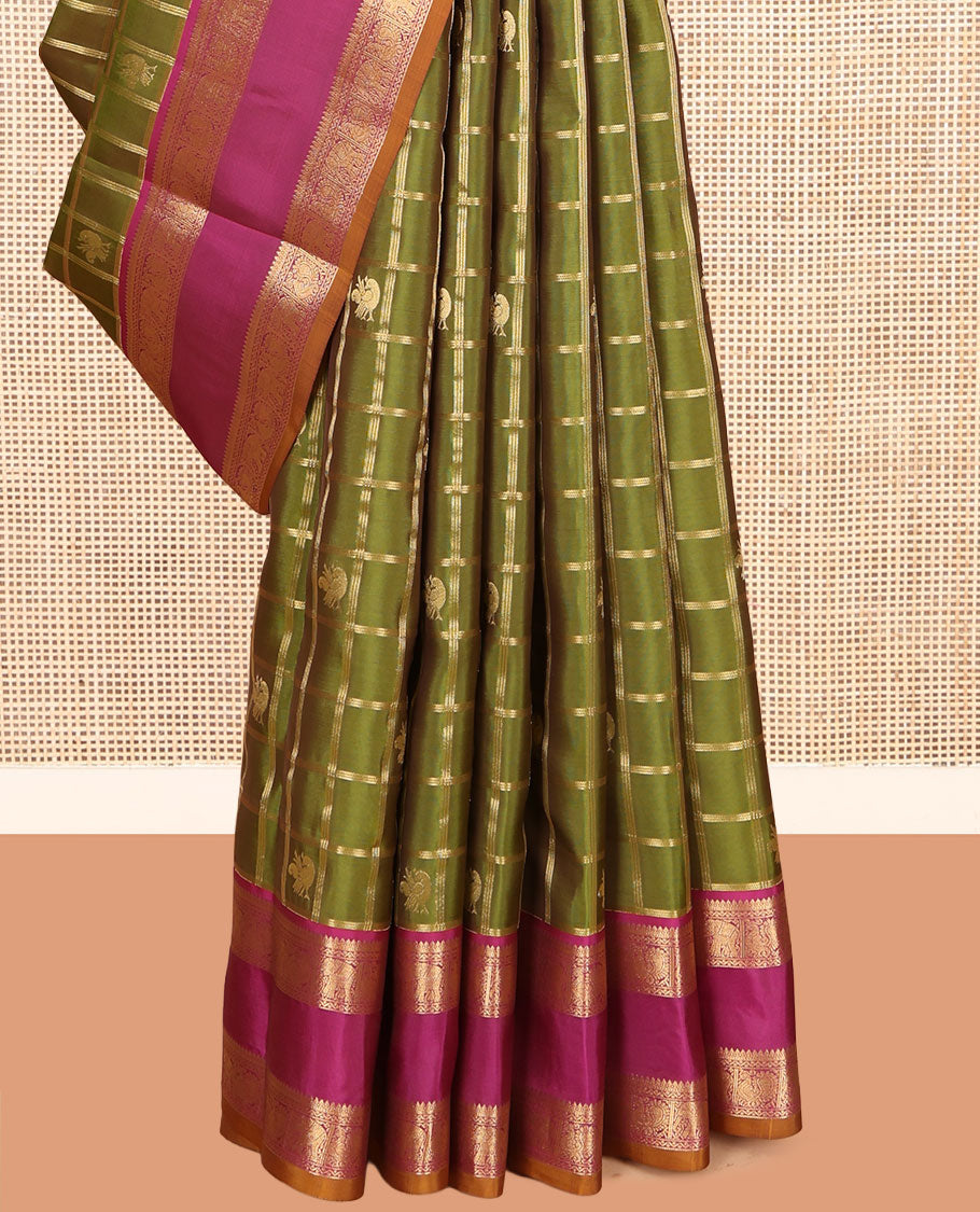 Green Vasundhara Lite Silk Mix Saree, Woven with Butta Enclosed Checks, Contrast Rettai Pettu Border of Thilakam Mokku, Neli, Mayil, and Yaanai Designs, Grand Pallu, and a Contrast Blouse