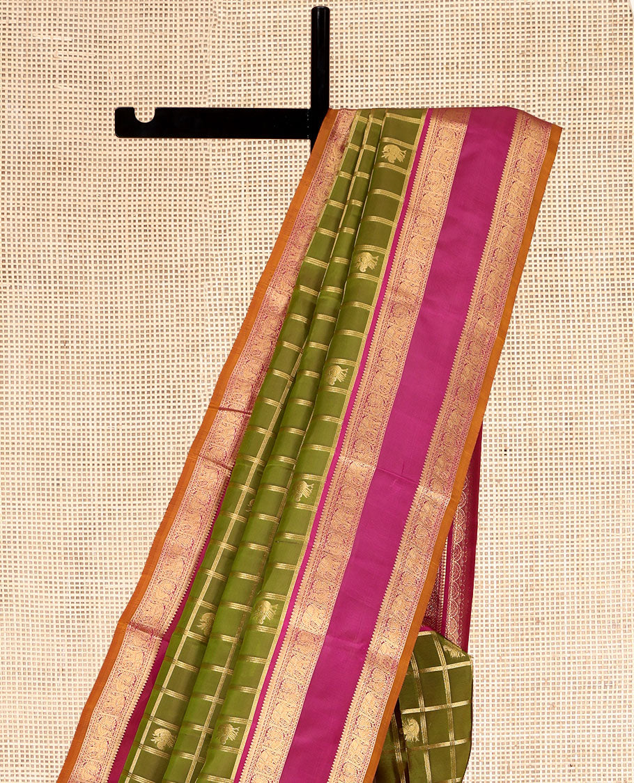 Green Vasundhara Lite Silk Mix Saree, Woven with Butta Enclosed Checks, Contrast Rettai Pettu Border of Thilakam Mokku, Neli, Mayil, and Yaanai Designs, Grand Pallu, and a Contrast Blouse