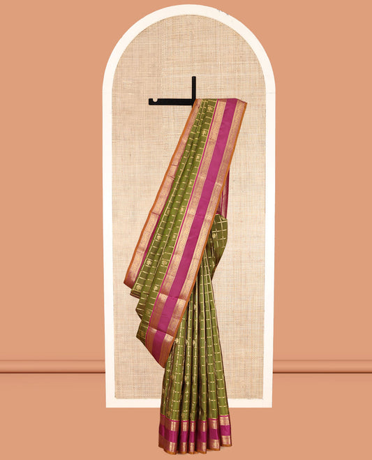 Green Vasundhara Lite Silk Mix Saree, Woven with Butta Enclosed Checks, Contrast Rettai Pettu Border of Thilakam Mokku, Neli, Mayil, and Yaanai Designs, Grand Pallu, and a Contrast Blouse