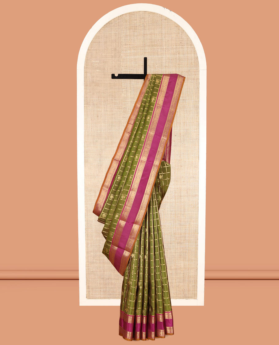 Green Vasundhara Lite Silk Mix Saree, Woven with Butta Enclosed Checks, Contrast Rettai Pettu Border of Thilakam Mokku, Neli, Mayil, and Yaanai Designs, Grand Pallu, and a Contrast Blouse