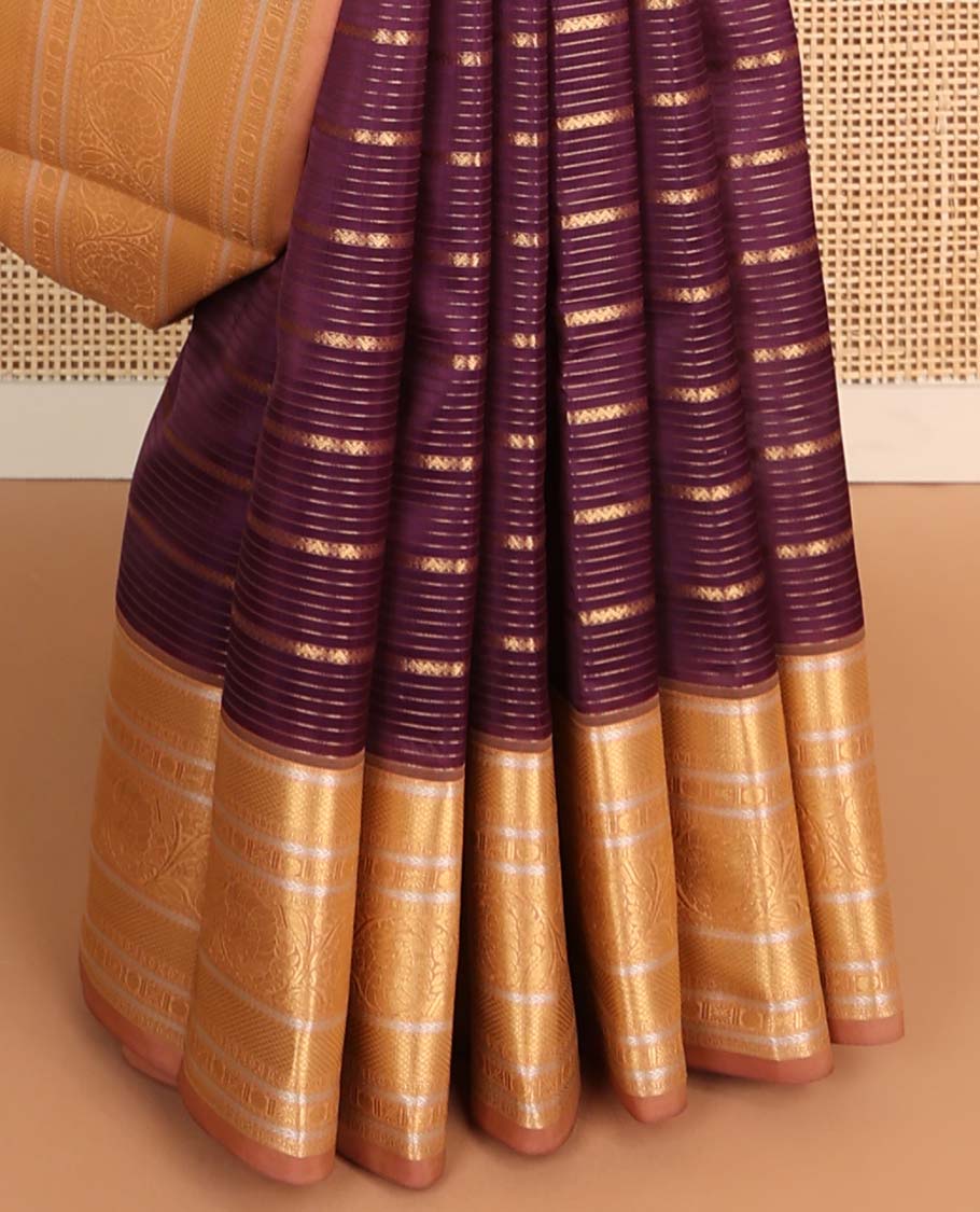 Purple striped vasundhara elite silk saree with contrast zari design border & intricate zari design pallu