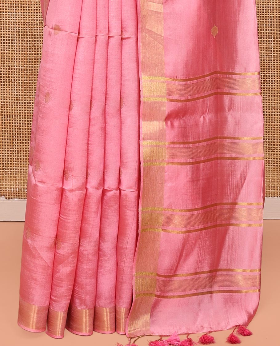Pink Banana Pith Saree, Bedecked with Buttas All Over Its Body, Highlighted by Self-Border, Pallu of Zari Stripes, and Paired with a Matching Blouse
