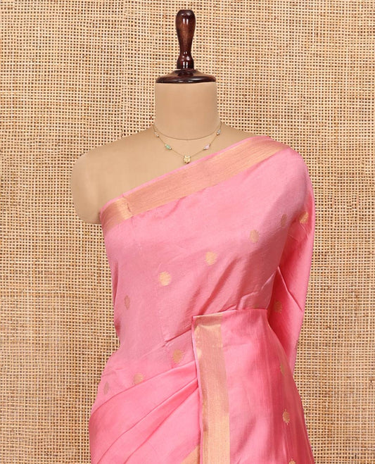 Pink Banana Pith Saree, Bedecked with Buttas All Over Its Body, Highlighted by Self-Border, Pallu of Zari Stripes, and Paired with a Matching Blouse