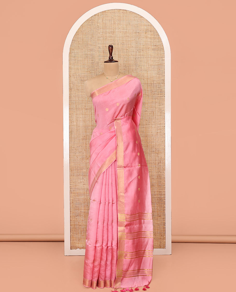 Pink Banana Pith Saree, Bedecked with Buttas All Over Its Body, Highlighted by Self-Border, Pallu of Zari Stripes, and Paired with a Matching Blouse