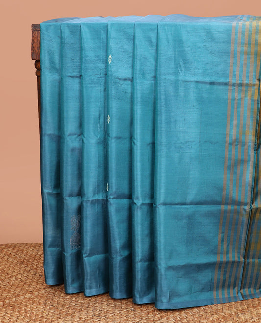 Borderless Blue Banana Pith Saree, Ornamented with Jhumka Buttas All Over Its Body, Complemented by a Contrast Pallu of Jhumka Buttas, and Paired with a Contrast Blouse