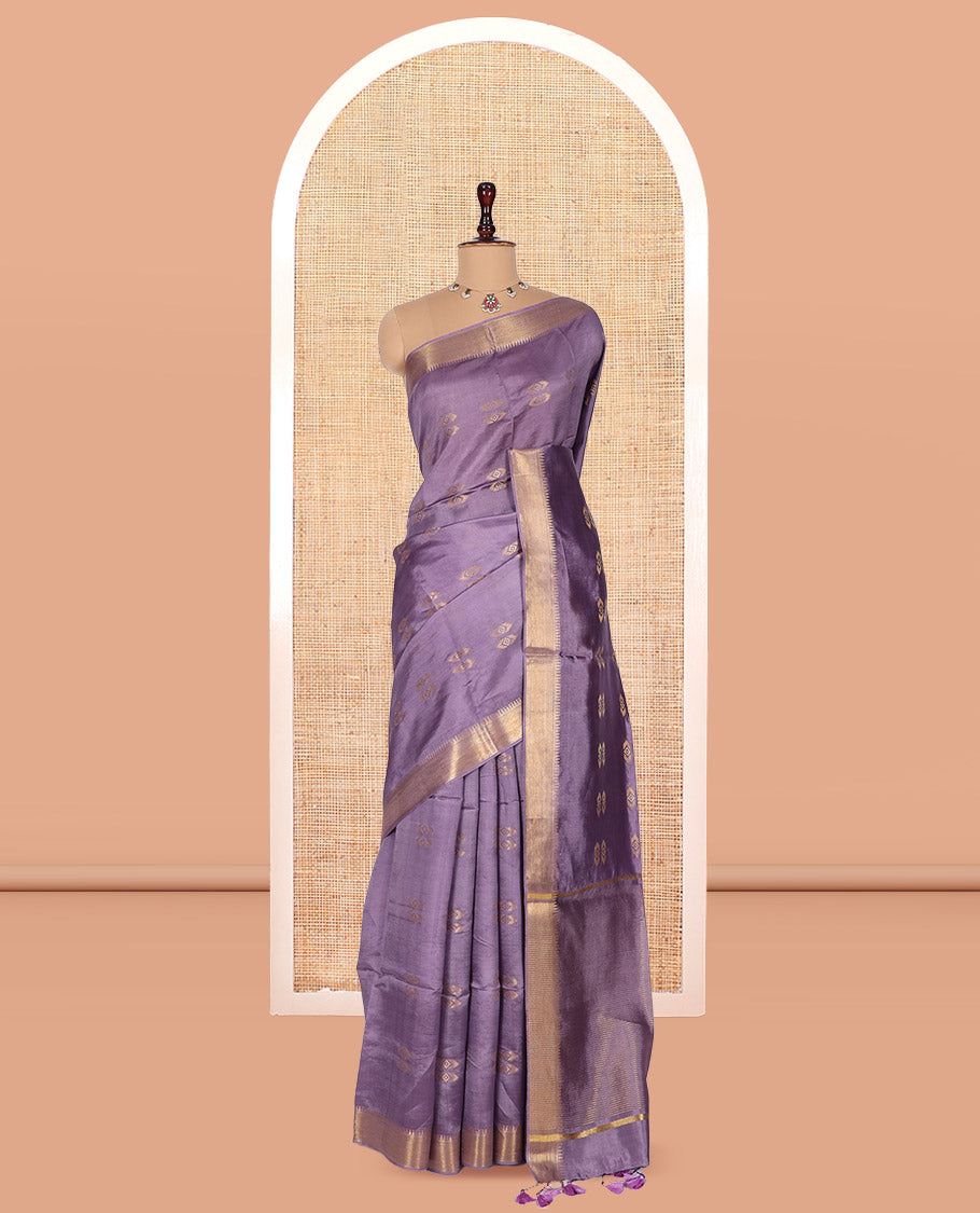 Lavender Banana Pith Saree, Elevated with Zari Buttas, a Zari Temple Border, Striped Pallu, and Matching Blouse
