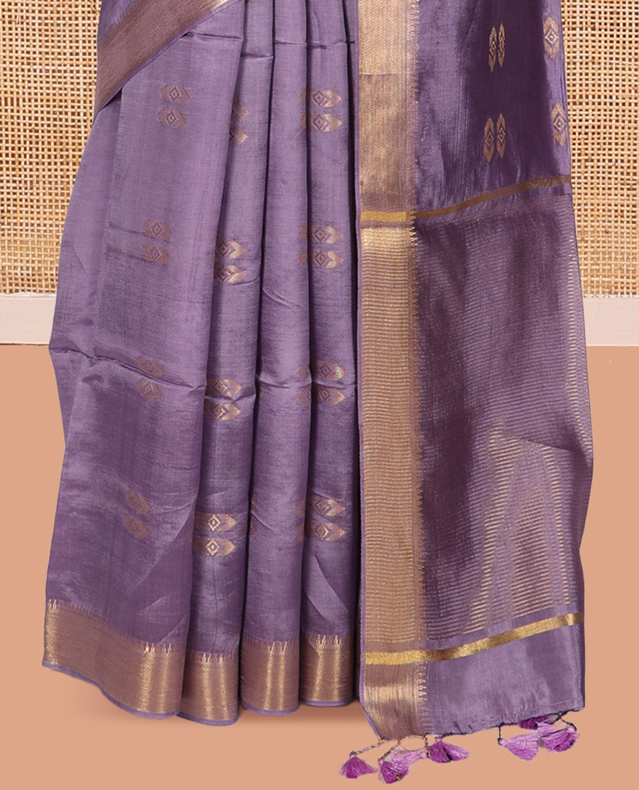 Lavender Banana Pith Saree, Elevated with Zari Buttas, a Zari Temple Border, Striped Pallu, and Matching Blouse