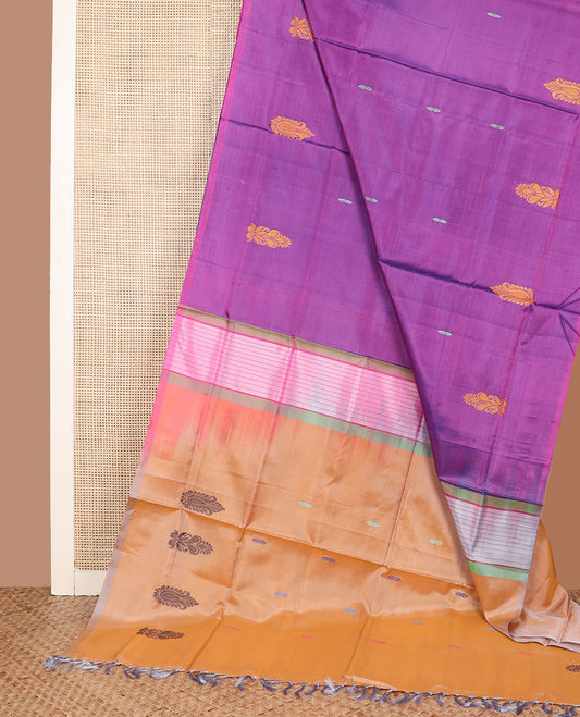 Borderless purple buttas Banana pith saree, contrast pallu of stripes, and resham thread buttas