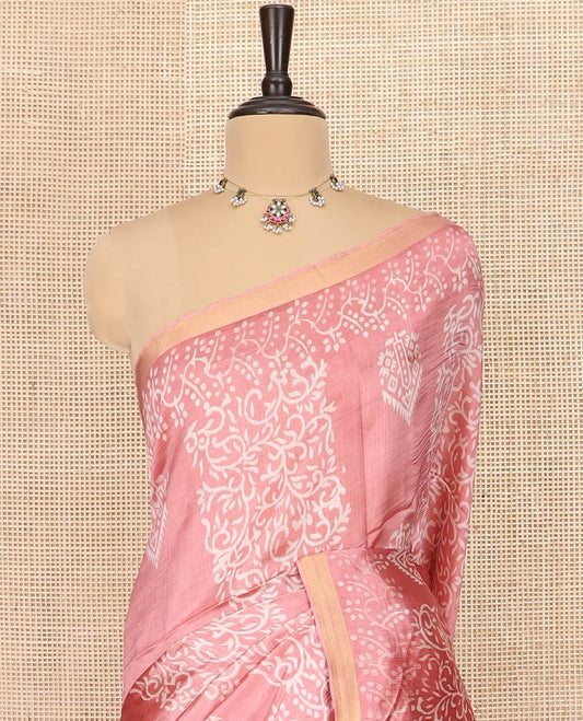 Pink Banana Pith Saree Enthralled with Intricate Motifs and Vines Printed All Over Its Body, Zari Bavanji Border, Pallu of Print and Zari Work, and Paired with a Matching Blouse