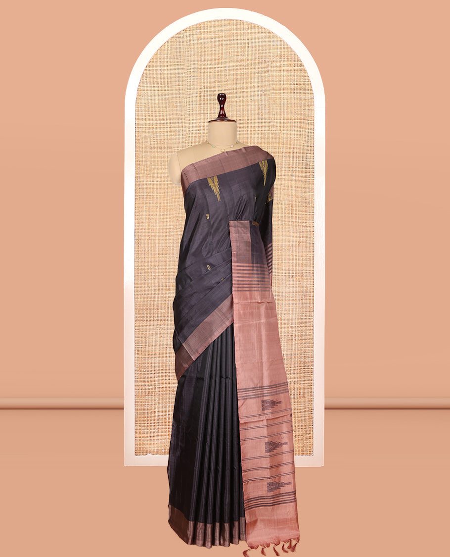 Black Banana Pith Saree, Woven with Buttas, a Contrast Border, Pallu of Buttas and Stripes, and a Contrast Blouse