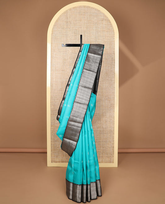 Light Blue butta silk saree with contrast checked zari design & geometric design pallu