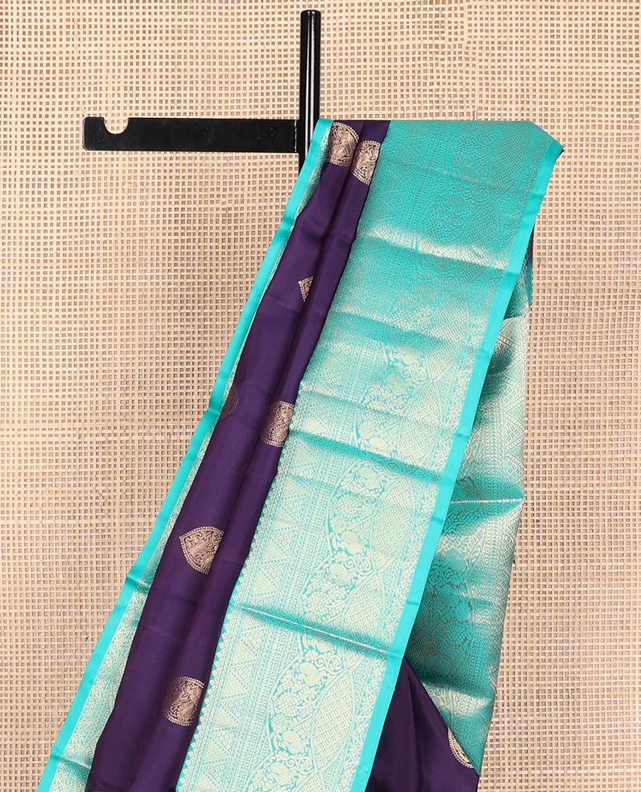 Violet buttas silk saree with contrast intricate zari design border & floral design pallu
