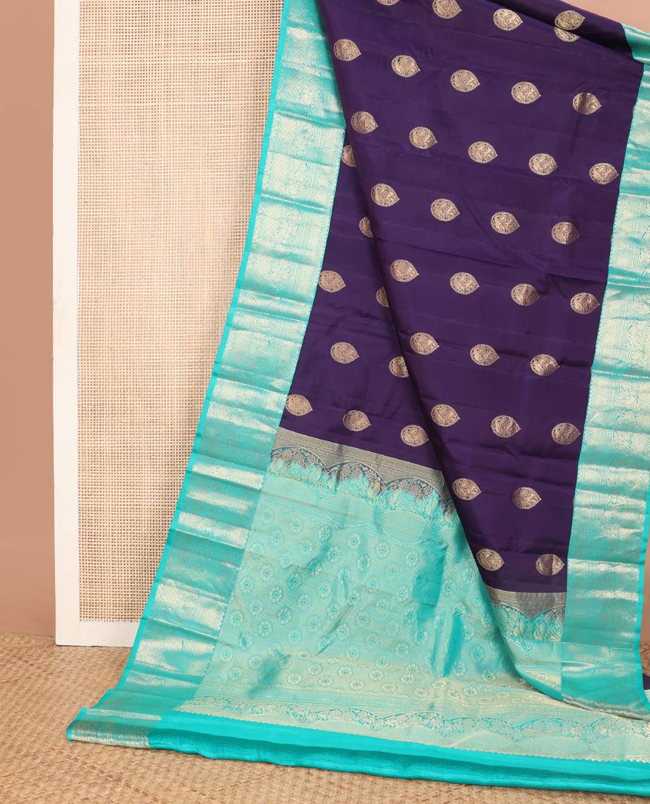 Violet buttas silk saree with contrast intricate zari design border & floral design pallu
