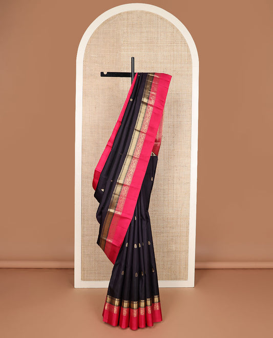 Black zari buttas silk saree, contrast border of diamond, mayil kann, muthu & yaali design & jaal pallu