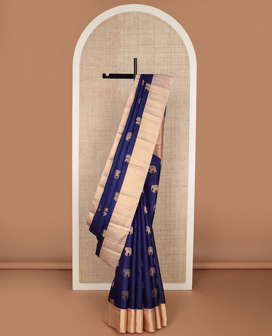 Navy blue yaanai & mayil buttas silk saree, contrast border of manga,neli & yaali zari motifs  & jaal pallu
