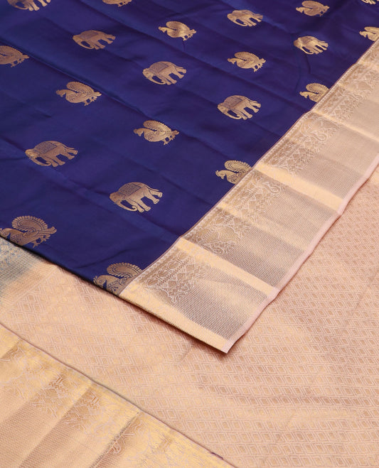 Navy blue yaanai & mayil buttas silk saree, contrast border of manga,neli & yaali zari motifs  & jaal pallu