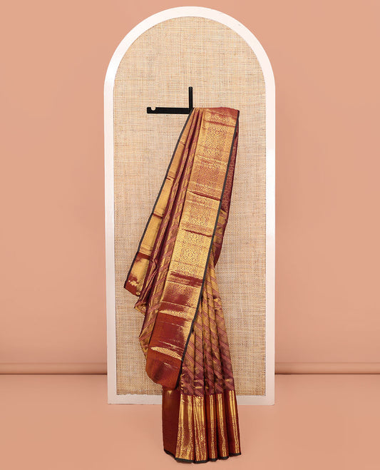 Maroon Kanchipuram Wedding Silk Saree, Mesmerized with Jacquard Design on Its Body, Highlighted by Zari Border of Thilakam Mokku, Rudraksham, Mayil Kann, and Chakram Designs, Grandly Woven Pallu, and Paired with a Matching Blouse