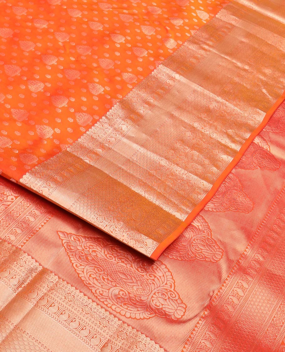 Orange zari buttas Kanchipuram wedding silk saree, zari border of thilakam mokku, chakram, kathir, manga, kuyil kann, jaal ,and zari designs, and intricate pallu