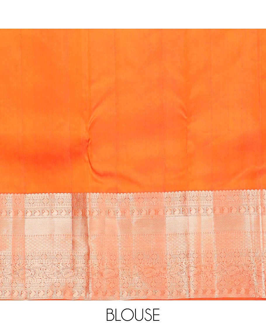 Orange zari buttas Kanchipuram wedding silk saree, zari border of thilakam mokku, chakram, kathir, manga, kuyil kann, jaal ,and zari designs, and intricate pallu