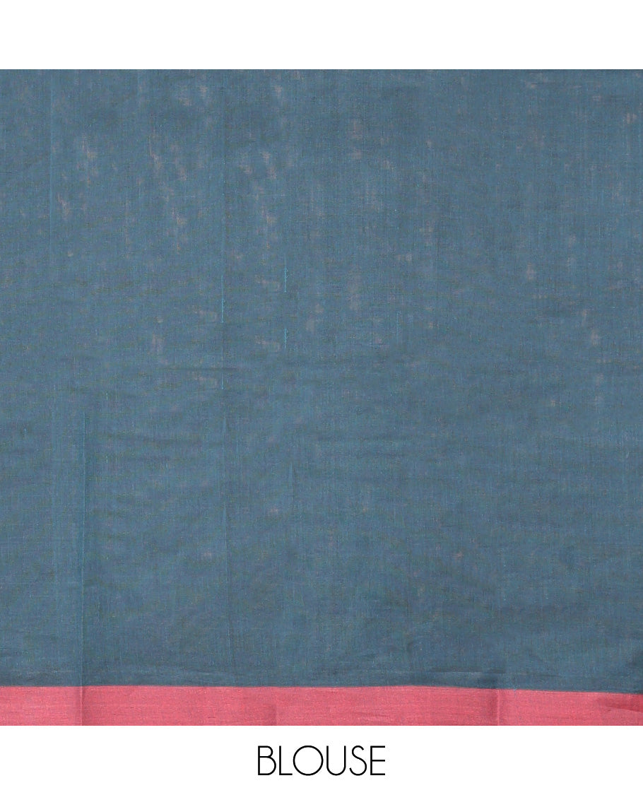 Blue Kanchi Cotton Saree, Accentuated With Stripes and Square Buttas All Over Its Body, Complemented by Contrast Border, Pallu of Paisleys, and Paired with a Matching Blouse