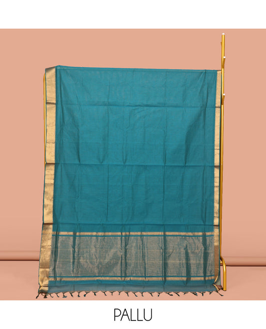Blue Sparsely Striped Mangalgiri Cotton Saree, Highlighted by a Zari Border, Gleaming Zari-Striped Pallu, and Paired with a Matching Blouse