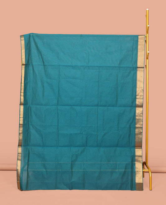 Blue Sparsely Striped Mangalgiri Cotton Saree, Highlighted by a Zari Border, Gleaming Zari-Striped Pallu, and Paired with a Matching Blouse