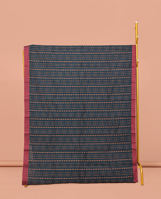 Blue Kanchi Cotton Saree, Accentuated With Stripes and Square Buttas All Over Its Body, Complemented by Contrast Border, Pallu of Paisleys, and Paired with a Matching Blouse