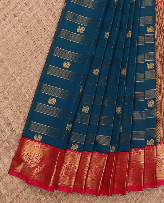Blue striped and peacock buttas gift saree, contrast traditional zari design border, and jaal pallu