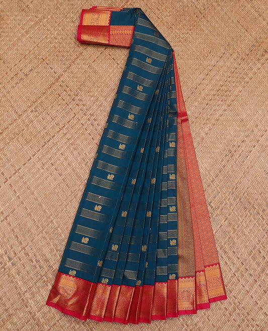 Blue striped and peacock buttas gift saree, contrast traditional zari design border, and jaal pallu