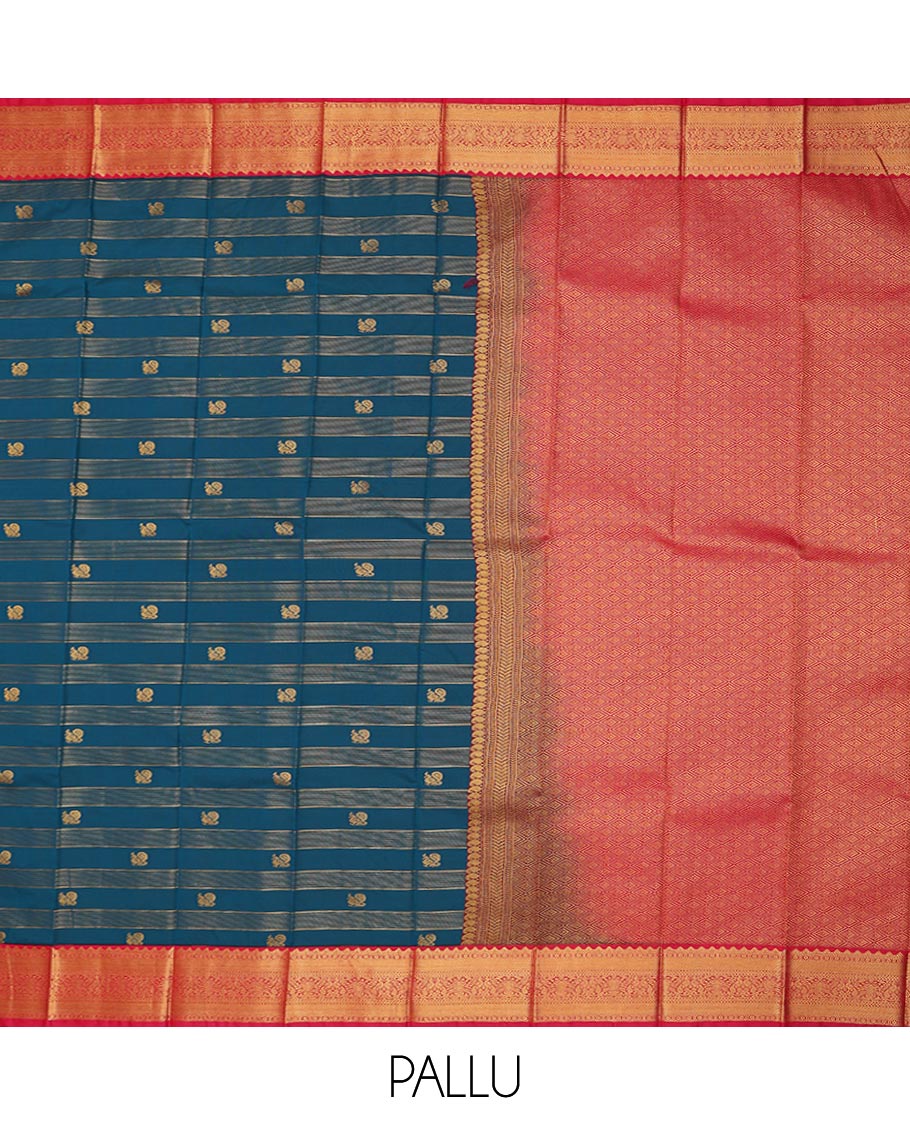 Blue striped and peacock buttas gift saree, contrast traditional zari design border, and jaal pallu