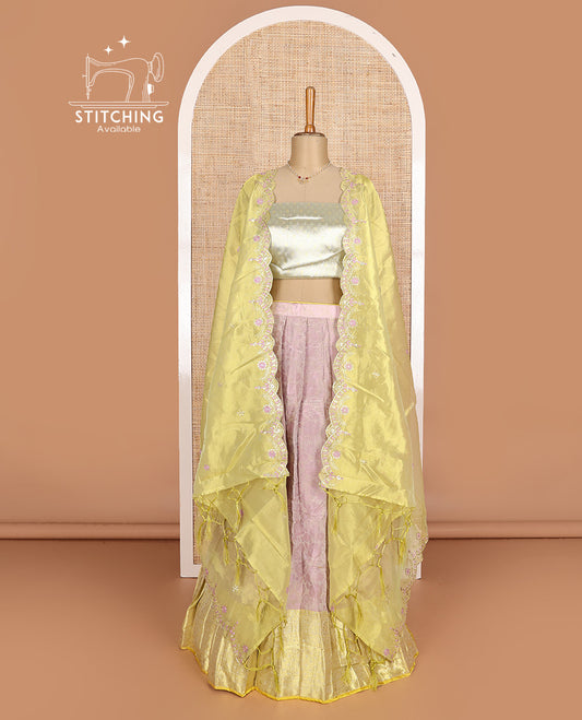 Pastel green art silk half-saree, floral vine with contrast traditional border skirt, brocade blouse, scallop embroidered dhavani, and detachable belt