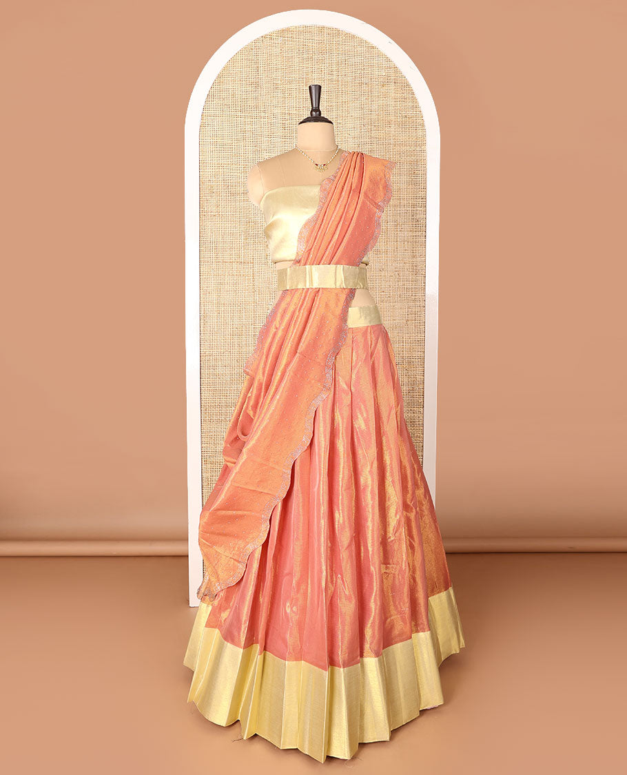 Orange art-silk half-saree, plain with contrast bordered skirt, contrast blouse, and a scallop stone work dhavani