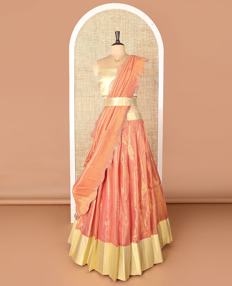 Orange art-silk half-saree, plain with contrast bordered skirt, contrast blouse, and a scallop stone work dhavani