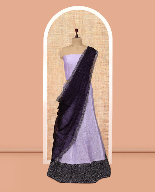 Lavender Banarasi Half-Saree, Finely Crafted with Bead Work Skirt, a Contrast Stone Work Border, Matching Blouse, and Contrast Scallop Stone Work Dupatta