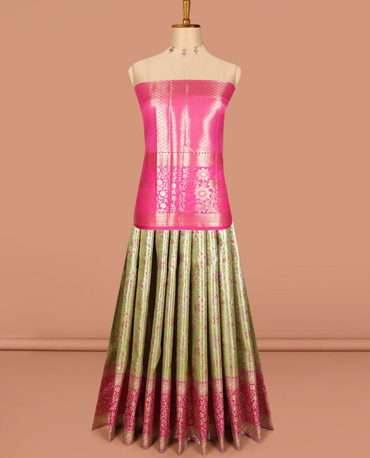 Green art silk half saree, floral meena jacquard with contrast traditional zari border skirt, jacquard contrast blouse and floral weave dhavani