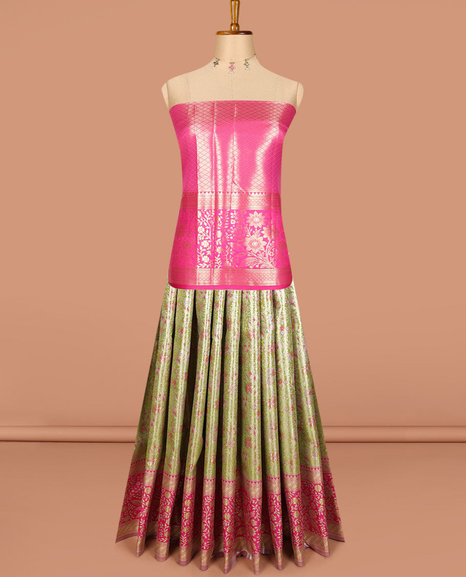 Green art silk half saree, floral meena jacquard with contrast traditional zari border skirt, jacquard contrast blouse and floral weave dhavani
