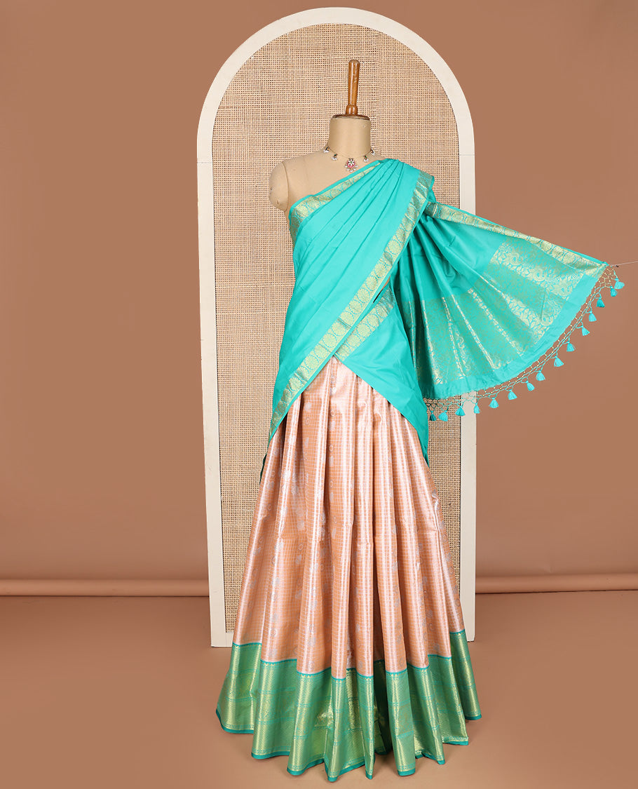 Sandal art silk half-saree pavadai material, jacquard with contrast traditional border skirt, jacquard blouse, and zari design dhavani