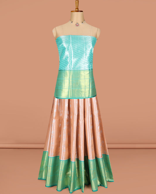 Sandal art silk half-saree pavadai material, jacquard with contrast traditional border skirt, jacquard blouse, and zari design dhavani