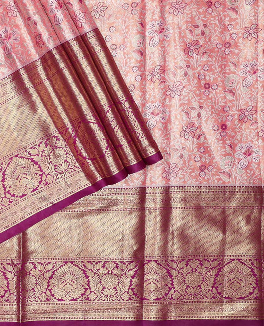 Pink art silk half saree material , floral jacquard with contrast traditional zari bordered skirt, jacquard blouse, and floral-paisley dhavani