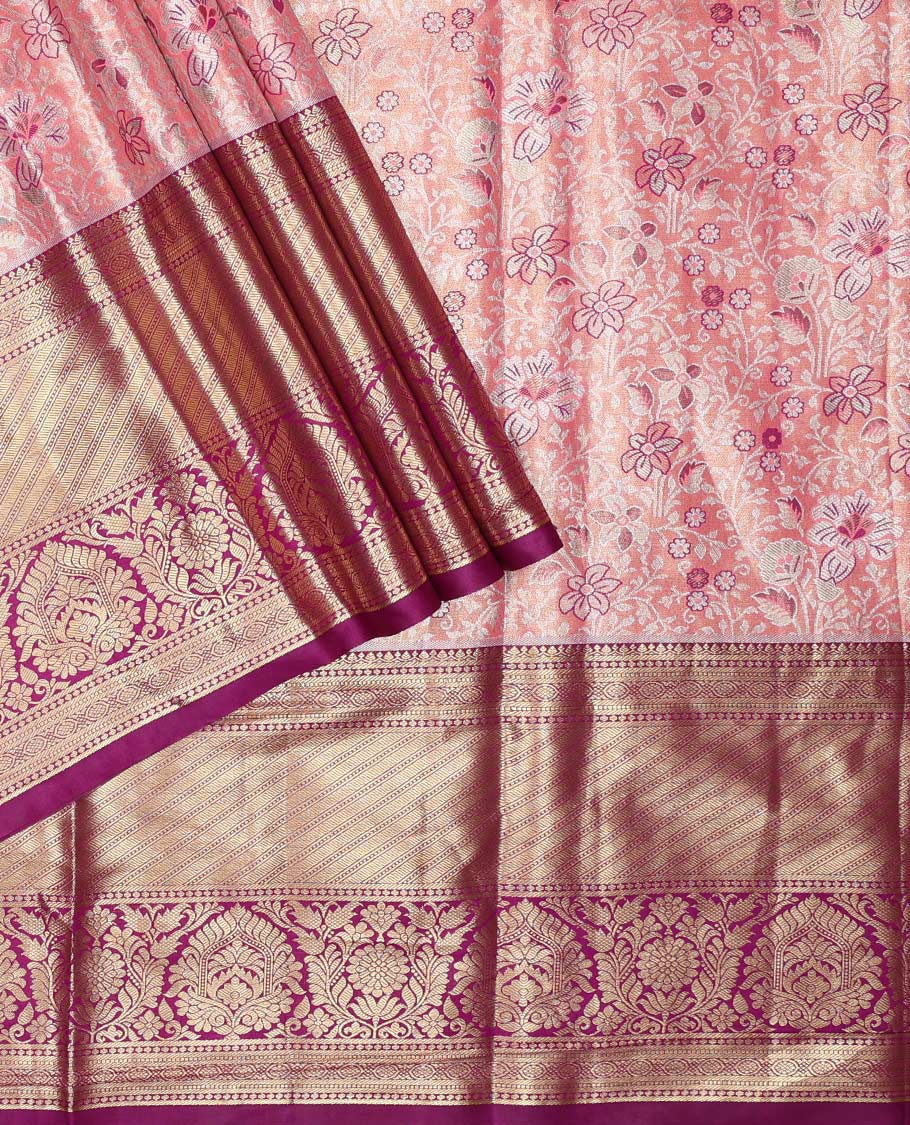 Pink art silk half saree material , floral jacquard with contrast traditional zari bordered skirt, jacquard blouse, and floral-paisley dhavani
